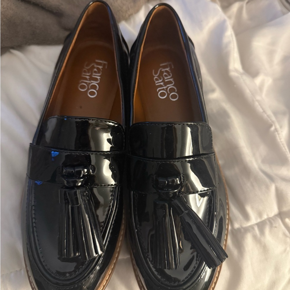 Franco Sarto Black Patent Tassel Penny Loafers